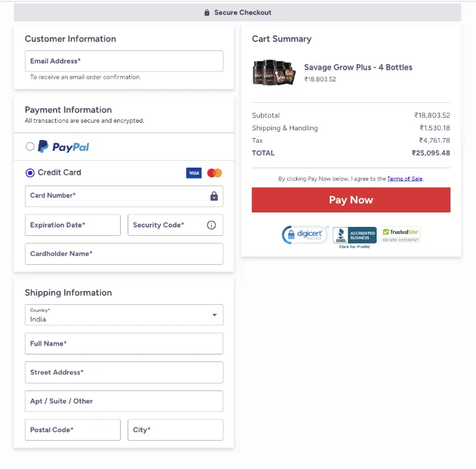 Savage Grow Plus order page